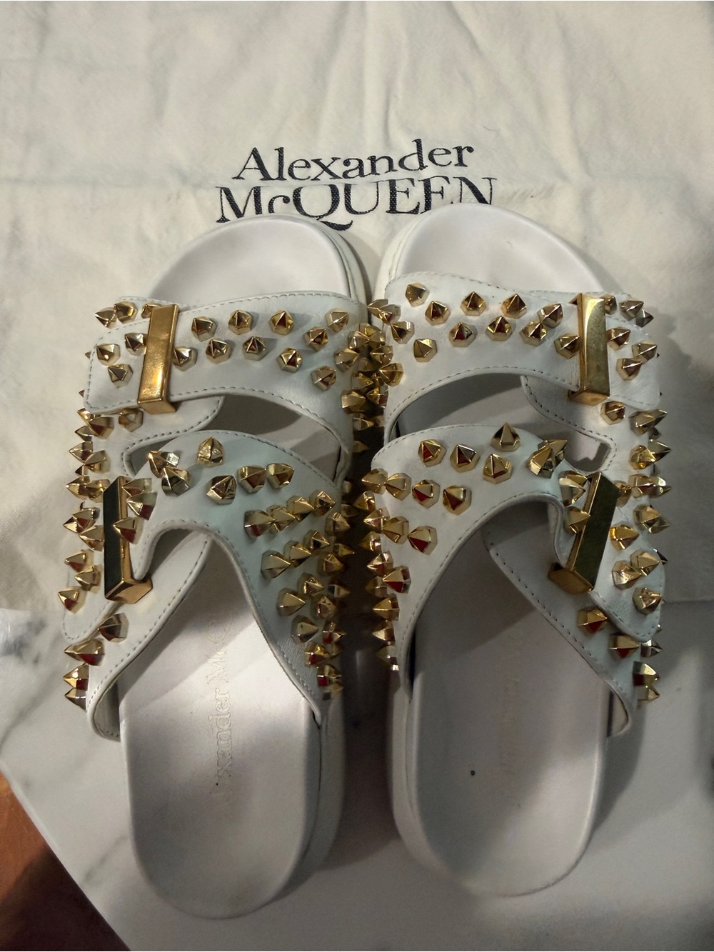 Alexander McQueen White Gold Studded spike buckle Sandals 7.5D 37.5 w dust bag